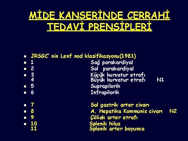 MİDE KANSERİNDE CERRAHİ TEDAVİ PRENSİPLERİ n n n n n JRSGC’ nin Lenf nod