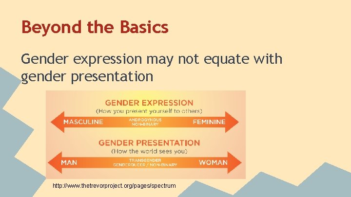 Beyond the Basics Gender expression may not equate with gender presentation http: //www. thetrevorproject.