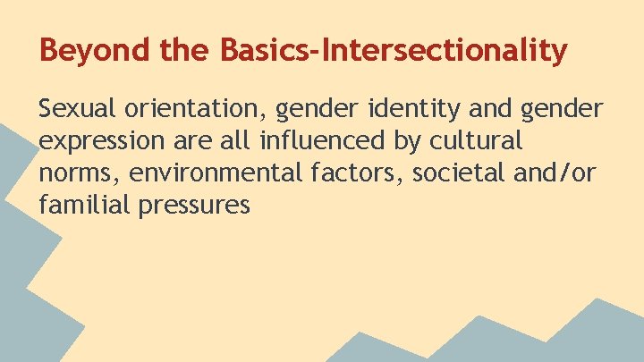 Beyond the Basics-Intersectionality Sexual orientation, gender identity and gender expression are all influenced by