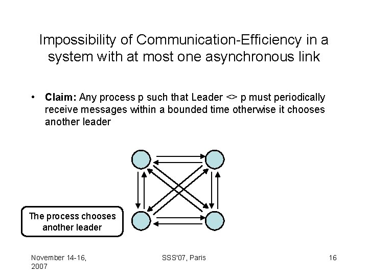 Impossibility of Communication-Efficiency in a system with at most one asynchronous link • Claim: