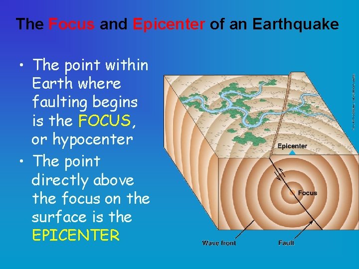 The Focus and Epicenter of an Earthquake • The point within Earth where faulting
