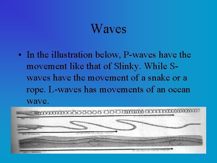 Waves • In the illustration below, P-waves have the movement like that of Slinky.