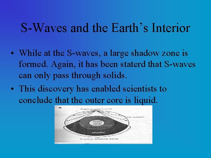 S-Waves and the Earth’s Interior • While at the S-waves, a large shadow zone