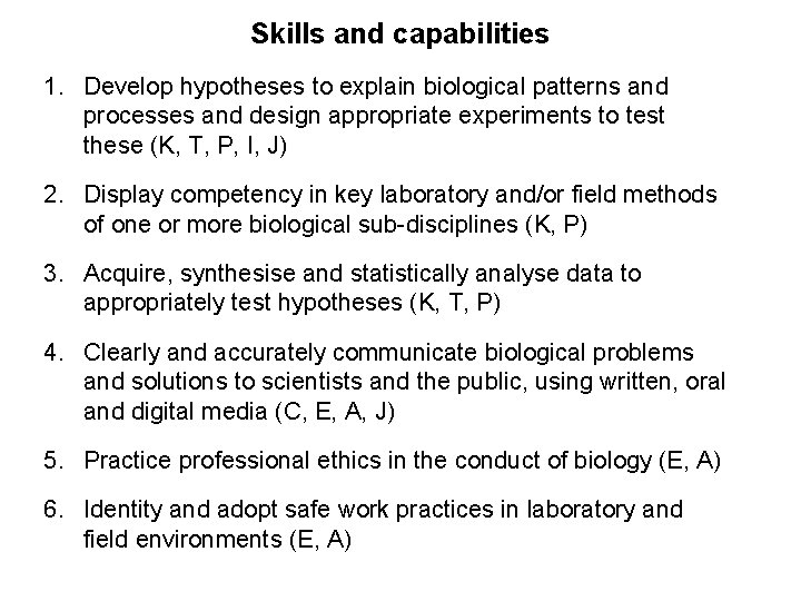 Skills and capabilities 1. Develop hypotheses to explain biological patterns and processes and design