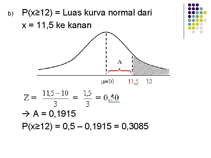 b) P(x≥ 12) = Luas kurva normal dari x = 11, 5 ke kanan