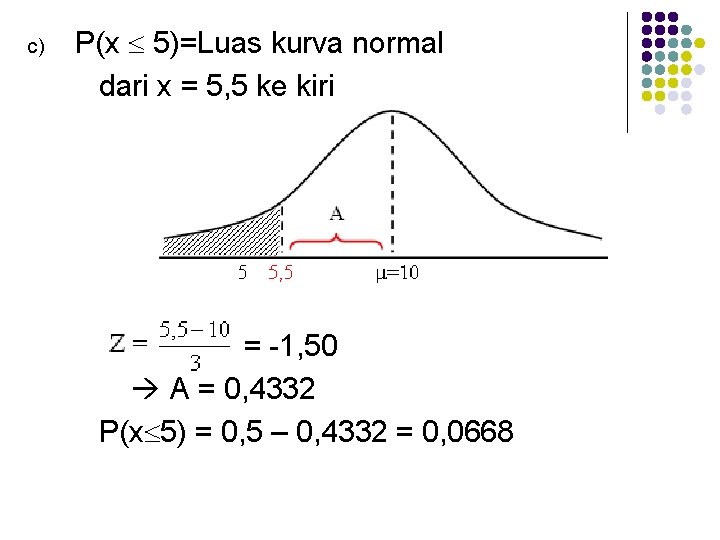 c) P(x 5)=Luas kurva normal dari x = 5, 5 ke kiri = -1,