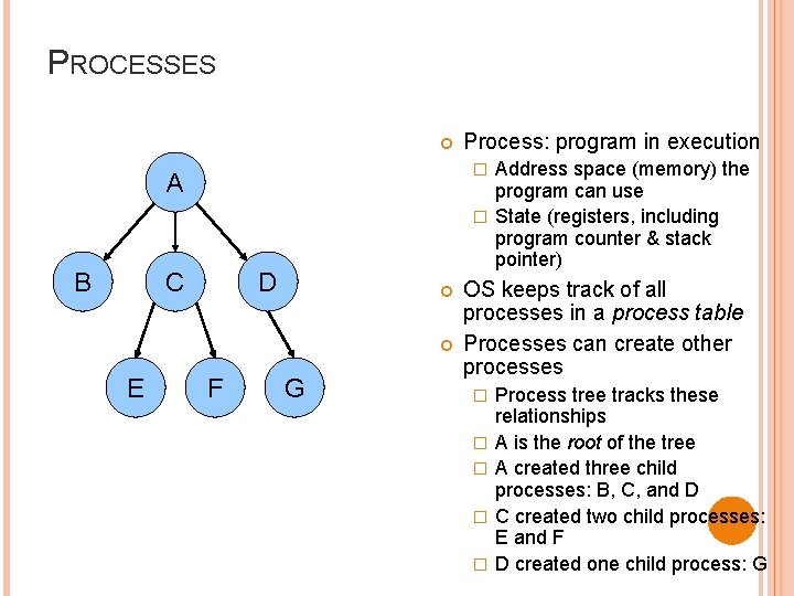 PROCESSES Address space (memory) the program can use � State (registers, including program counter PROCESSES Address space (memory) the program can use � State (registers, including program counter