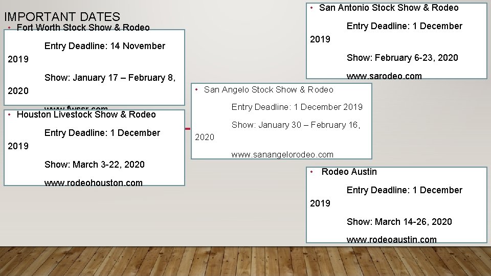 • San Antonio Stock Show & Rodeo IMPORTANT DATES Entry Deadline: 1 December