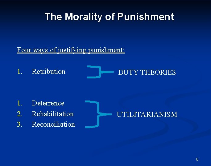 The Morality of Punishment Four ways of justifying punishment: 1. Retribution DUTY THEORIES 1.