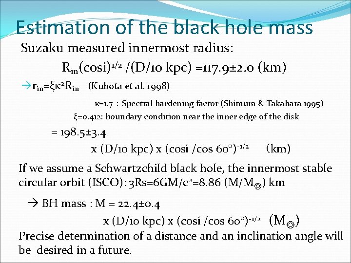 Estimation of the black hole mass Suzaku measured innermost radius: 　　　Rin(cosi)1/2 /(D/10 kpc) =117.