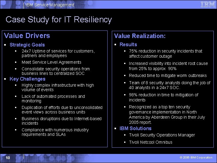 IBM Service Management Case Study for IT Resiliency Value Drivers Value Realization: § Strategic