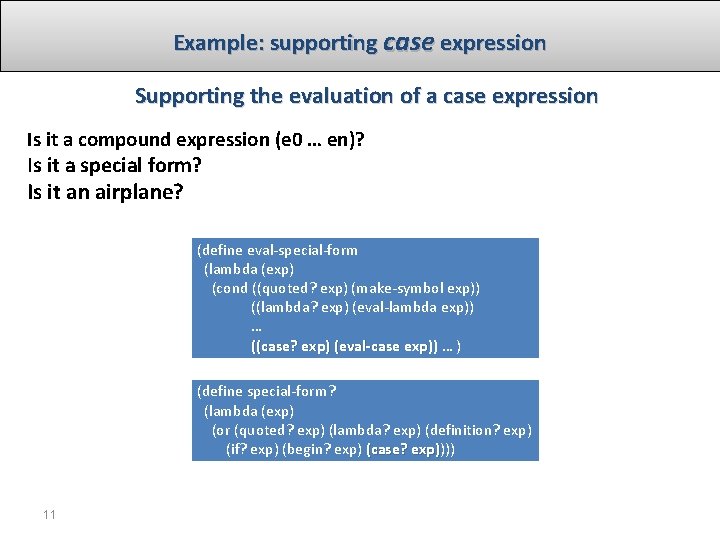 Example: supporting case expression Supporting the evaluation of a case expression Is it a