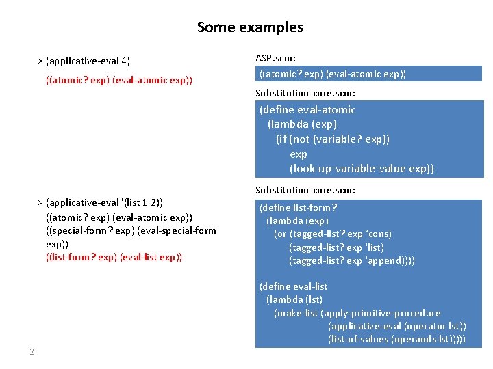 Some examples > (applicative-eval 4) ((atomic? exp) (eval-atomic exp)) ASP. scm: ((atomic? exp) (eval-atomic