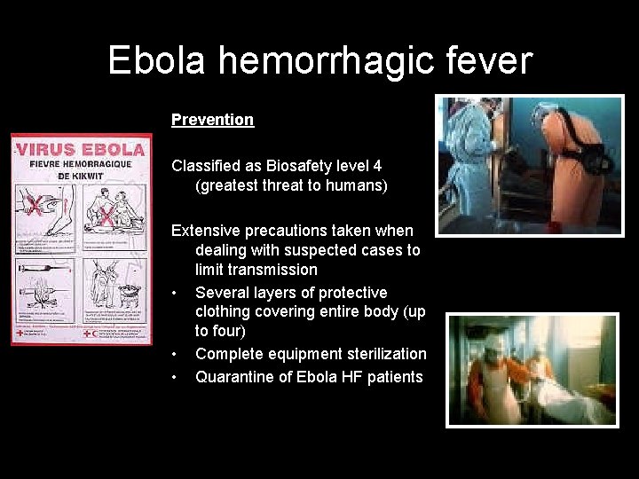 Ebola hemorrhagic fever Prevention Classified as Biosafety level 4 (greatest threat to humans) Extensive