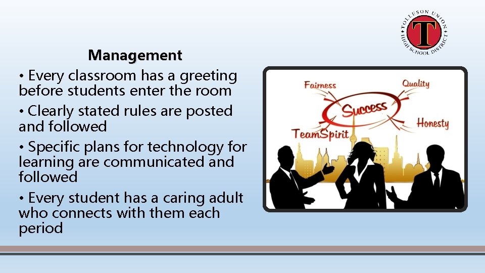 Management • Every classroom has a greeting before students enter the room • Clearly
