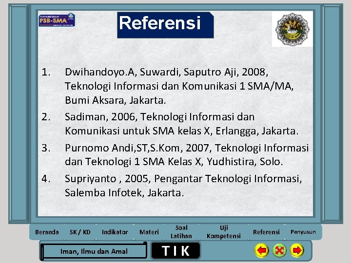 Referensi 1. 2. 3. 4. Beranda Dwihandoyo. A, Suwardi, Saputro Aji, 2008, Teknologi Informasi