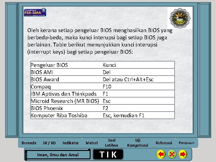 Oleh kerana setiap pengeluar BIOS menghasilkan BIOS yang berbeda-beda, maka kunci interupsi bagi setiap