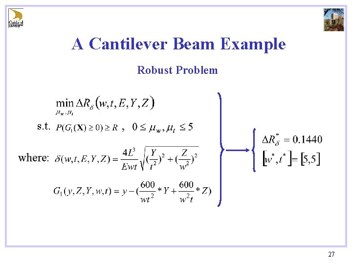 A Cantilever Beam Example Robust Problem s. t. , where: 27 