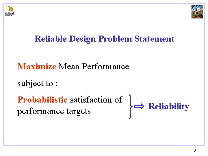 Reliable Design Problem Statement Maximize Mean Performance subject to : Probabilistic satisfaction of performance