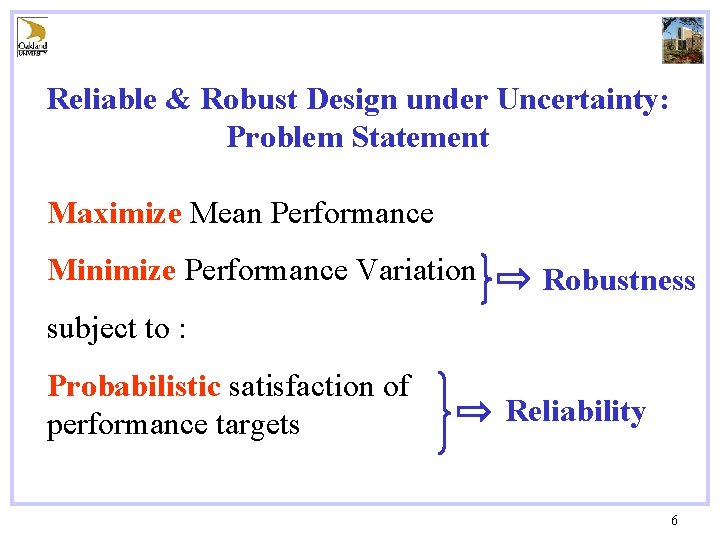 Reliable & Robust Design under Uncertainty: Problem Statement Maximize Mean Performance Minimize Performance Variation