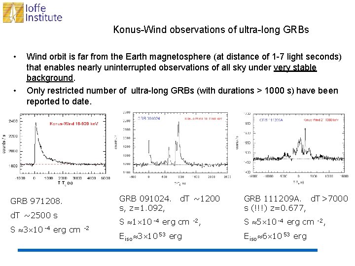 Konus-Wind observations of ultra-long GRBs • • Wind orbit is far from the Earth