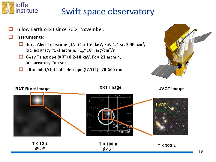Swift space observatory o In low Earth orbit since 2004 November. o Instruments: o