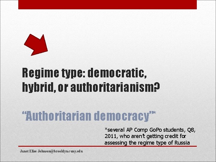 Regime type: democratic, hybrid, or authoritarianism? “Authoritarian democracy”* *several AP Comp Go. Po students,