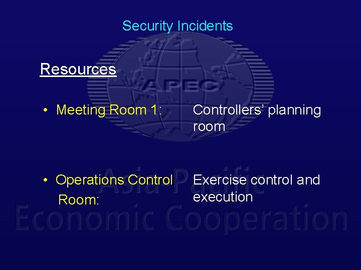 Security Incidents Resources • Meeting Room 1: Controllers’ planning room • Operations Control Room: