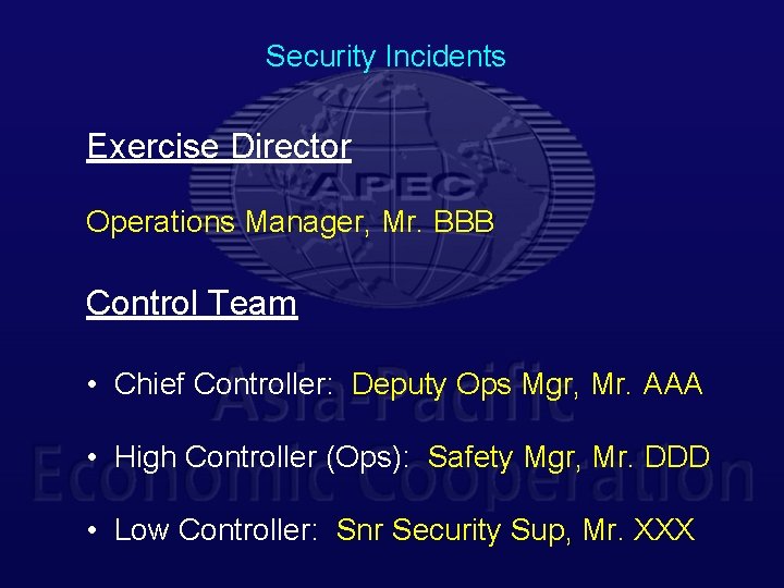 Security Incidents Exercise Director Operations Manager, Mr. BBB Control Team • Chief Controller: Deputy
