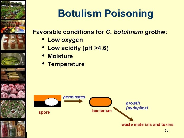 Botulism Poisoning Favorable conditions for C. botulinum grothw: • Low oxygen • Low acidity