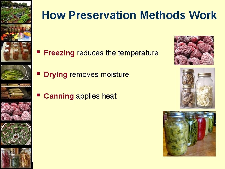 How Preservation Methods Work § Freezing reduces the temperature § Drying removes moisture §