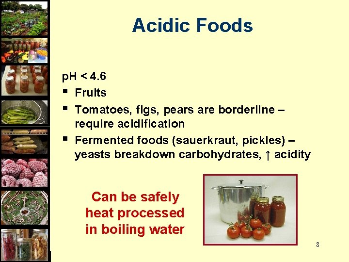 Acidic Foods p. H < 4. 6 § Fruits § Tomatoes, figs, pears are
