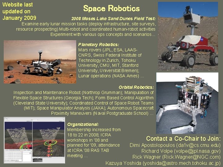 Website last updated on January 2009 Space Robotics 2008 Moses Lake Sand Dunes Field