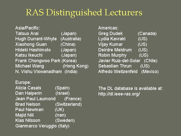 RAS Distinguished Lecturers Asia/Pacific: Tatsuo Arai (Japan) Hugh Durrant-Whyte (Australia) Xiaohong Guan (China) Hideki