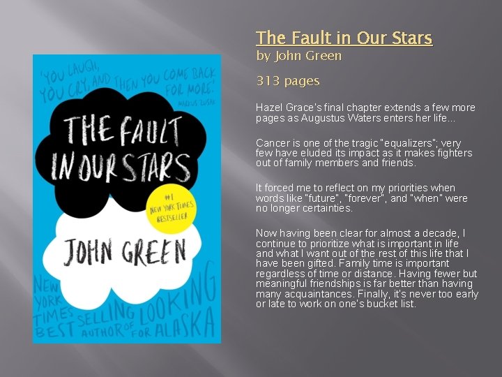 The Fault in Our Stars by John Green 313 pages Hazel Grace’s final chapter