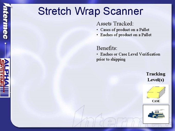 Stretch Wrap Scanner Assets Tracked: • Cases of product on a Pallet • Eaches