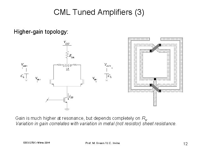 CML Tuned Amplifiers (3) Higher-gain topology: Gain is much higher at resonance, but depends