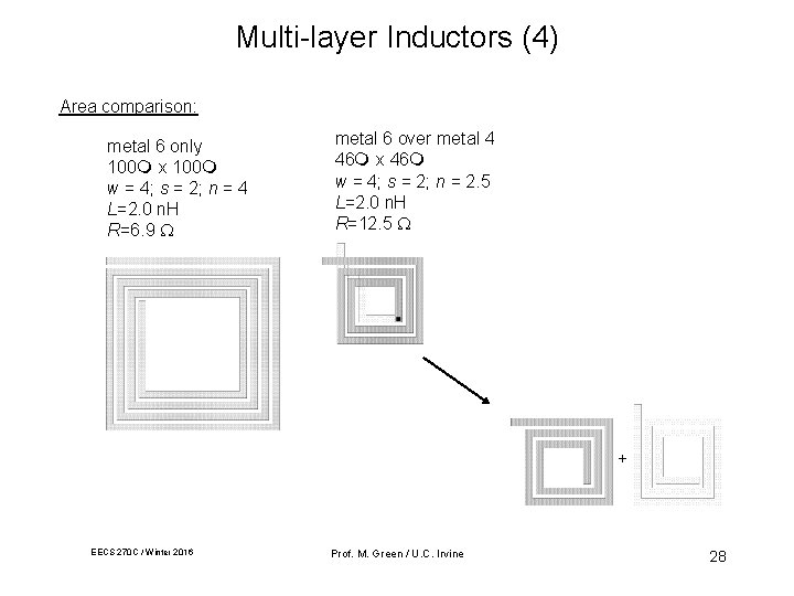 Multi-layer Inductors (4) Area comparison: metal 6 only 100 x 100 w = 4;