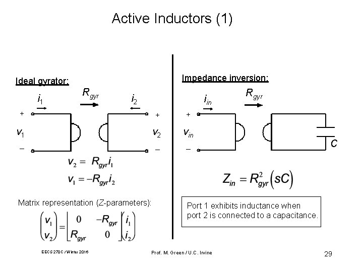 Active Inductors (1) Impedance inversion: Ideal gyrator: i 1 Rgyr i 2 iin +