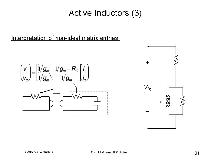 Active Inductors (3) Interpretation of non-ideal matrix entries: + vin _ EECS 270 C