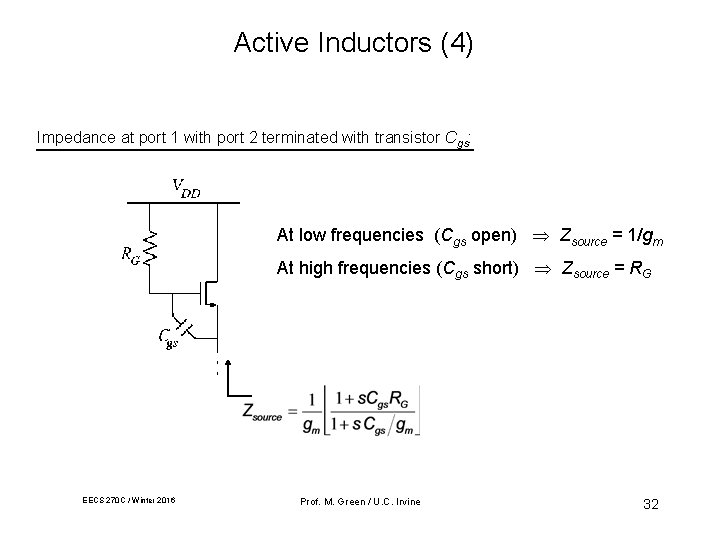 Active Inductors (4) Impedance at port 1 with port 2 terminated with transistor Cgs: