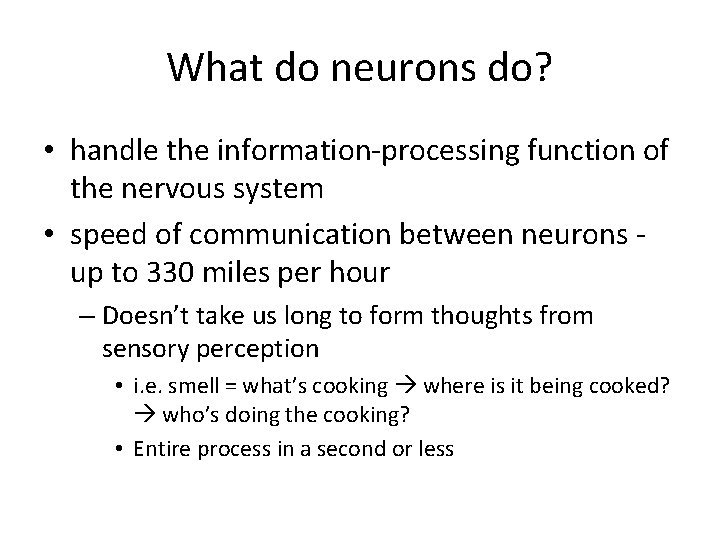 What do neurons do? • handle the information-processing function of the nervous system •
