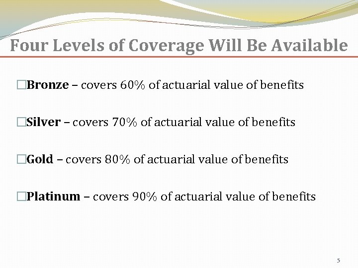 Four Levels of Coverage Will Be Available �Bronze – covers 60% of actuarial value