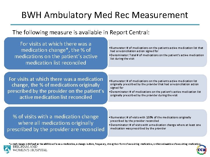 BWH Ambulatory Med Rec Measurement The following measure is available in Report Central: For