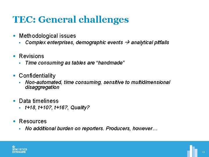 TEC: General challenges Methodological issues § Complex enterprises, demographic events analytical pitfalls Revisions §