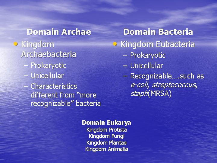  • Domain Archae Kingdom Archaebacteria – – – Prokaryotic Unicellular Characteristics different from