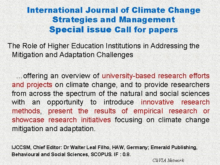 International Journal of Climate Change Strategies and Management Special issue Call for papers The