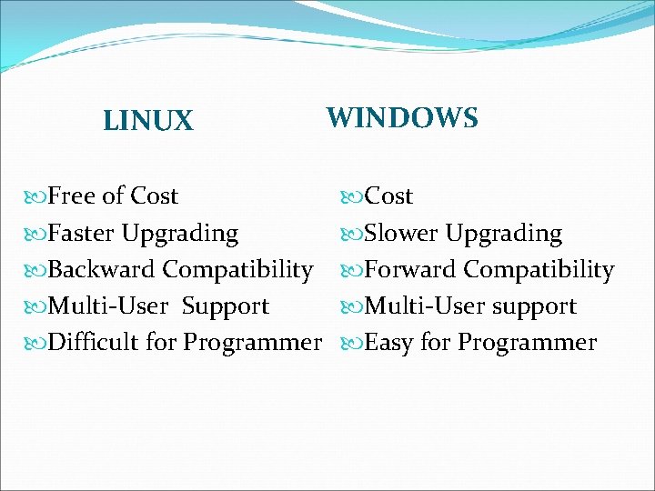 LINUX Free of Cost Faster Upgrading Backward Compatibility Multi-User Support Difficult for Programmer WINDOWS