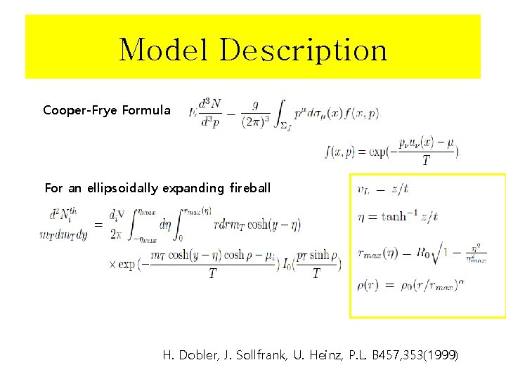 Model Description Cooper-Frye Formula For an ellipsoidally expanding fireball H. Dobler, J. Sollfrank, U.