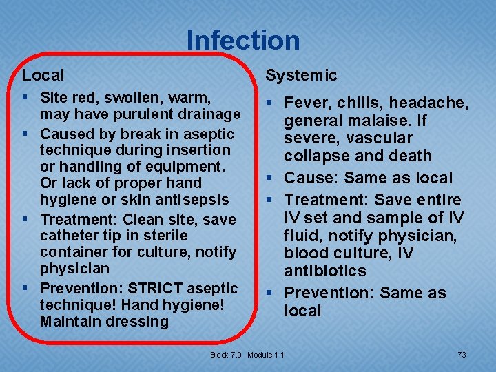 Infection Local Systemic § Site red, swollen, warm, may have purulent drainage § Caused
